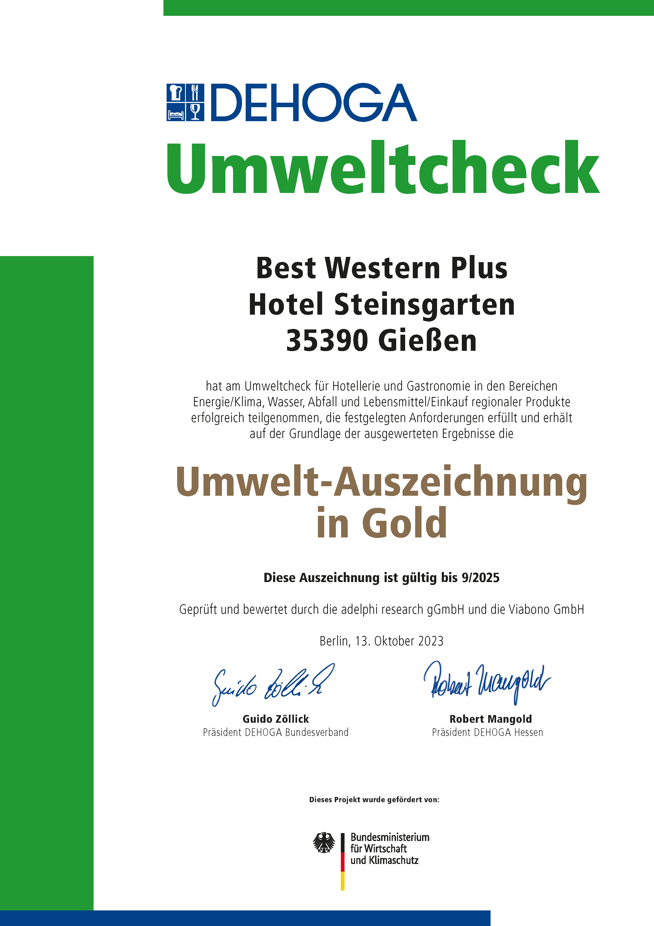 DEHOGA Umwelt-Auszeichnung in Gold für das Best Western Plus Hotel Steinsgarten in Gießen