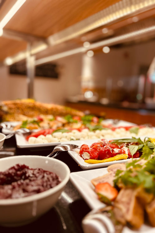 Buffet mit frischem Gemüse, Salaten und Fleisch- oder Fischgerichten, ansprechend und farbenfroh angerichtet.