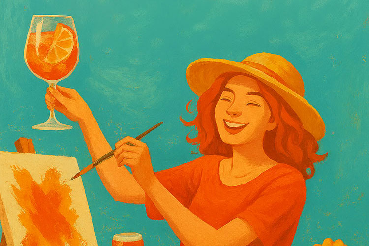 Person malt an einer Leinwand und hebt ein Getr&auml;nk in sommerlicher Szene.