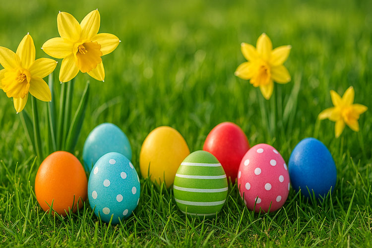 Colorful Easter eggs and yellow daffodils on a green meadow in the sunshine