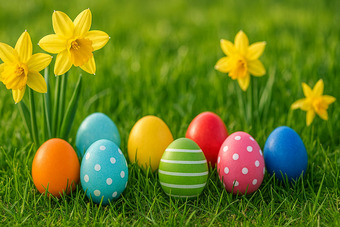 Bunte Ostereier und gelbe Osterglocken auf grüner Wiese im Sonnenschein